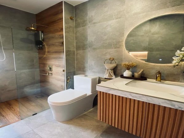 Shower, hair dryer, bidet, towels