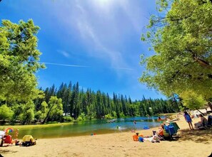 Ein Strand am See mit Bäumen, sandigem Ufer und entspannten Menschen.