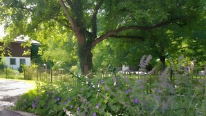 A garden with a gravel path, a fence, and a tree. - Holiday Home 'Sonnenweide, 85qm' with Private Terrace, Shared Garden and Wi-Fi (Salem)