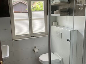 Shower, hair dryer, towels