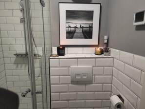 Shower, hair dryer, towels