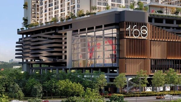 A modern building with a prominent '169' sign, featuring a mix of glass and wooden facade, surrounded by greenery and other high-rise buildings. - 168 Park Selayang by Manhattan Group (Batu Caves)