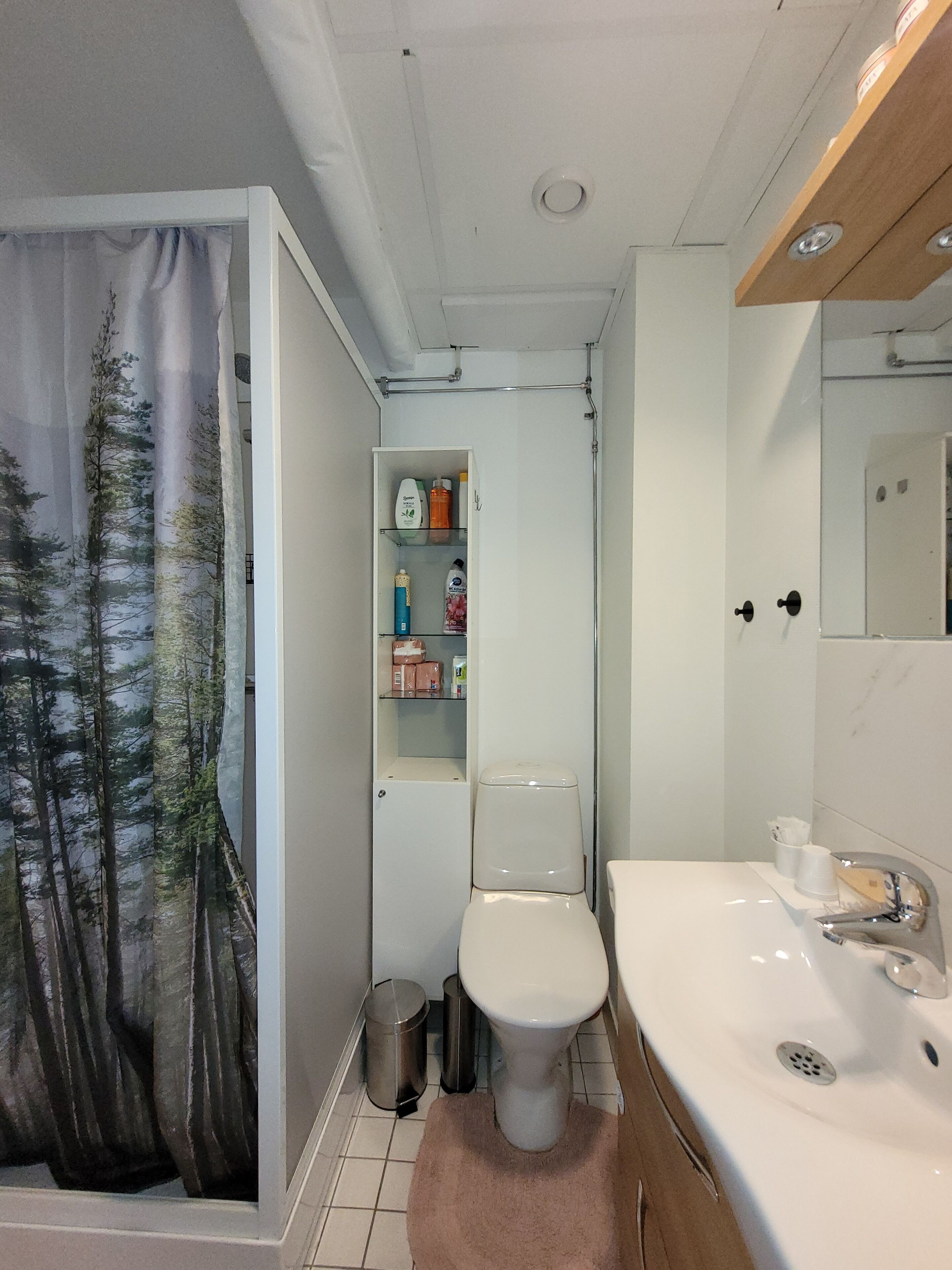 Dusch, hårtork, handdukar och tvål