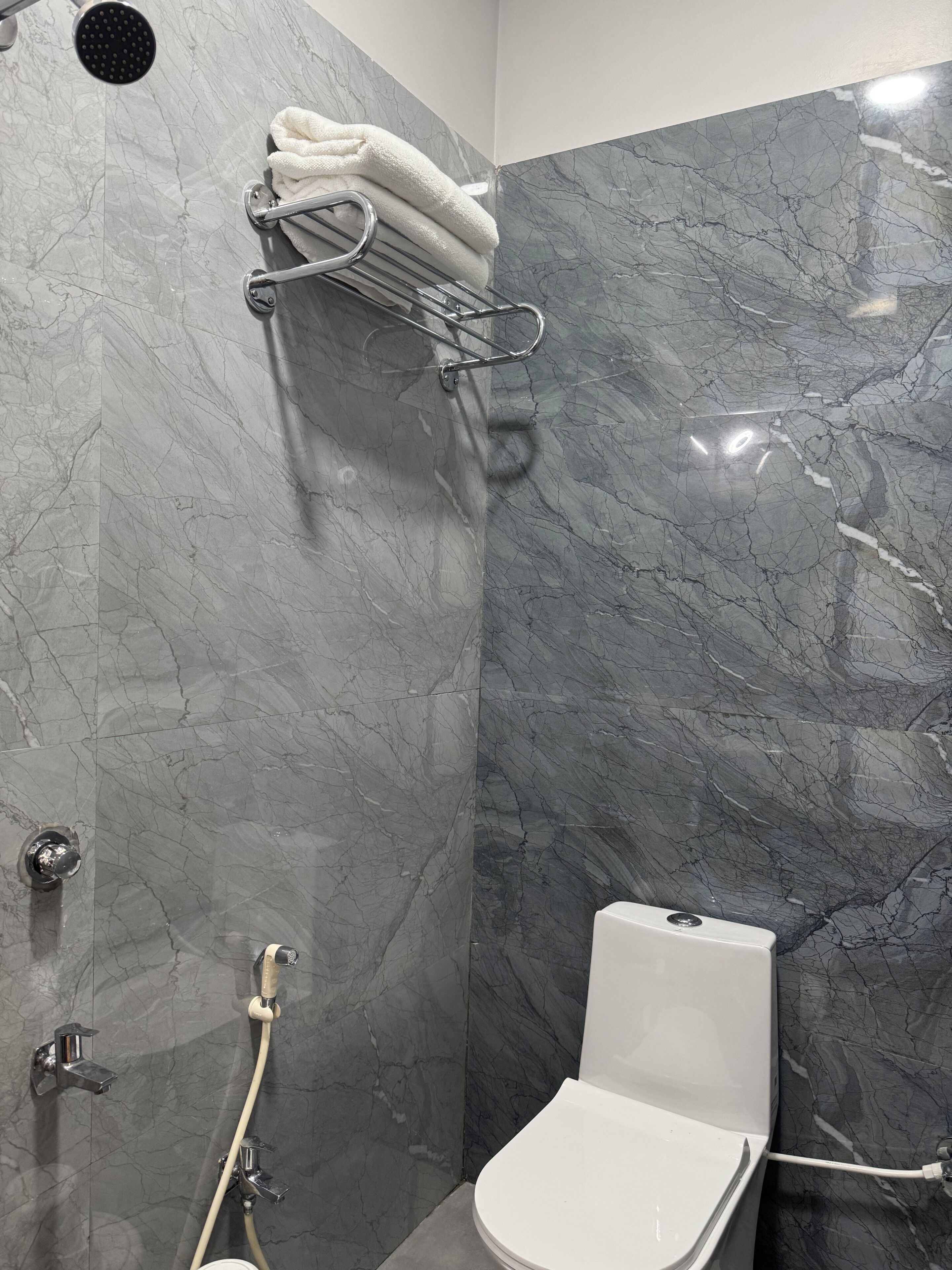 Deluxe driepersoonskamer | Badkamer | Een douche, gratis toiletartikelen, handdoeken, zeep