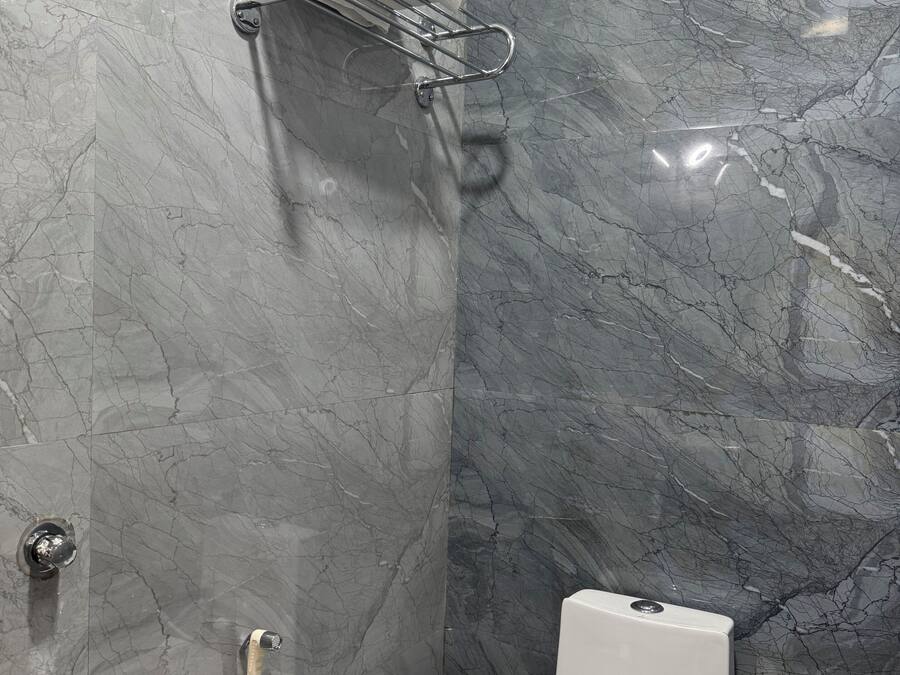 A bathroom with a shower, toilet, and towel rack.