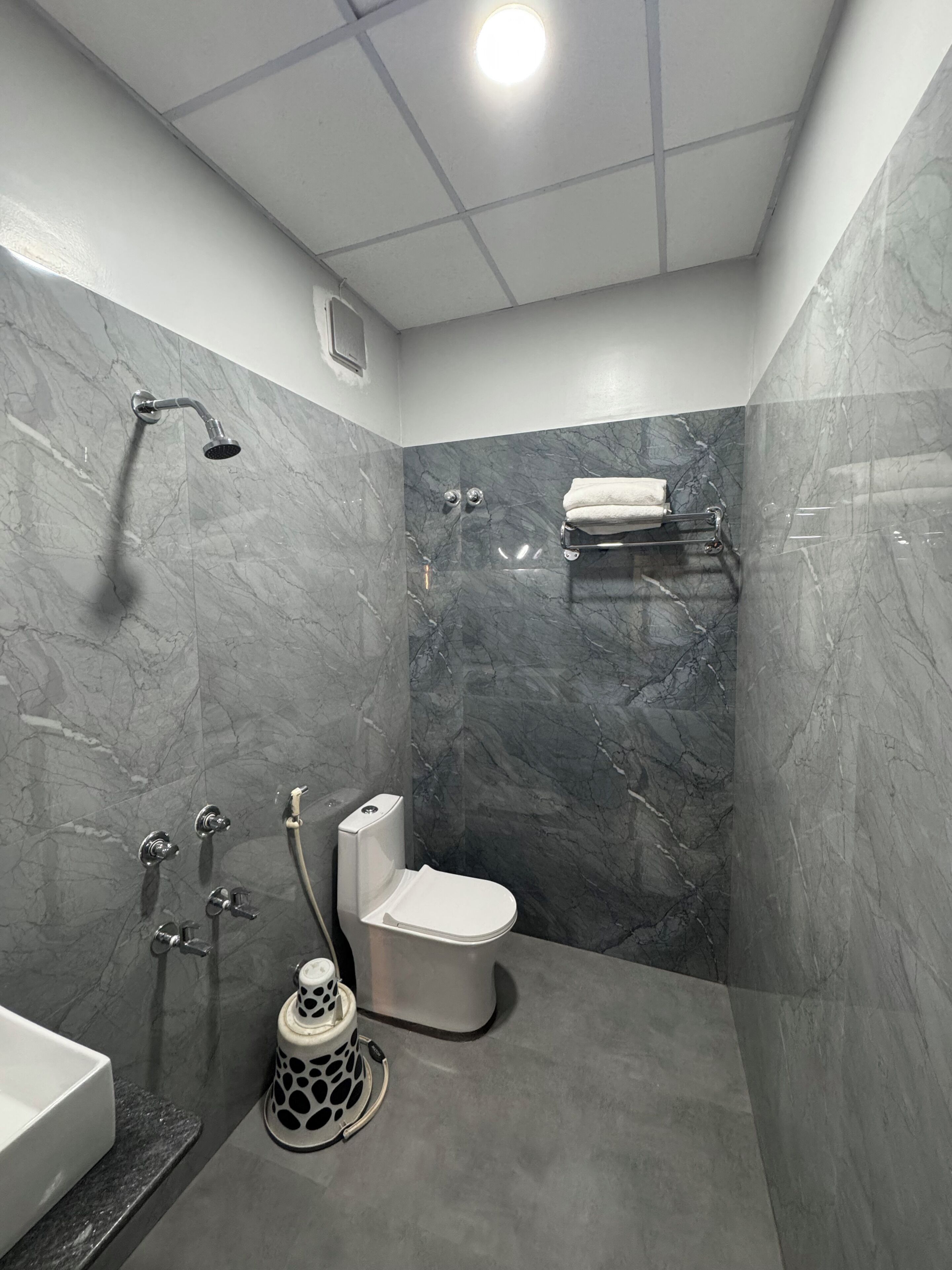 A modern bathroom with a shower, toilet, and sink.