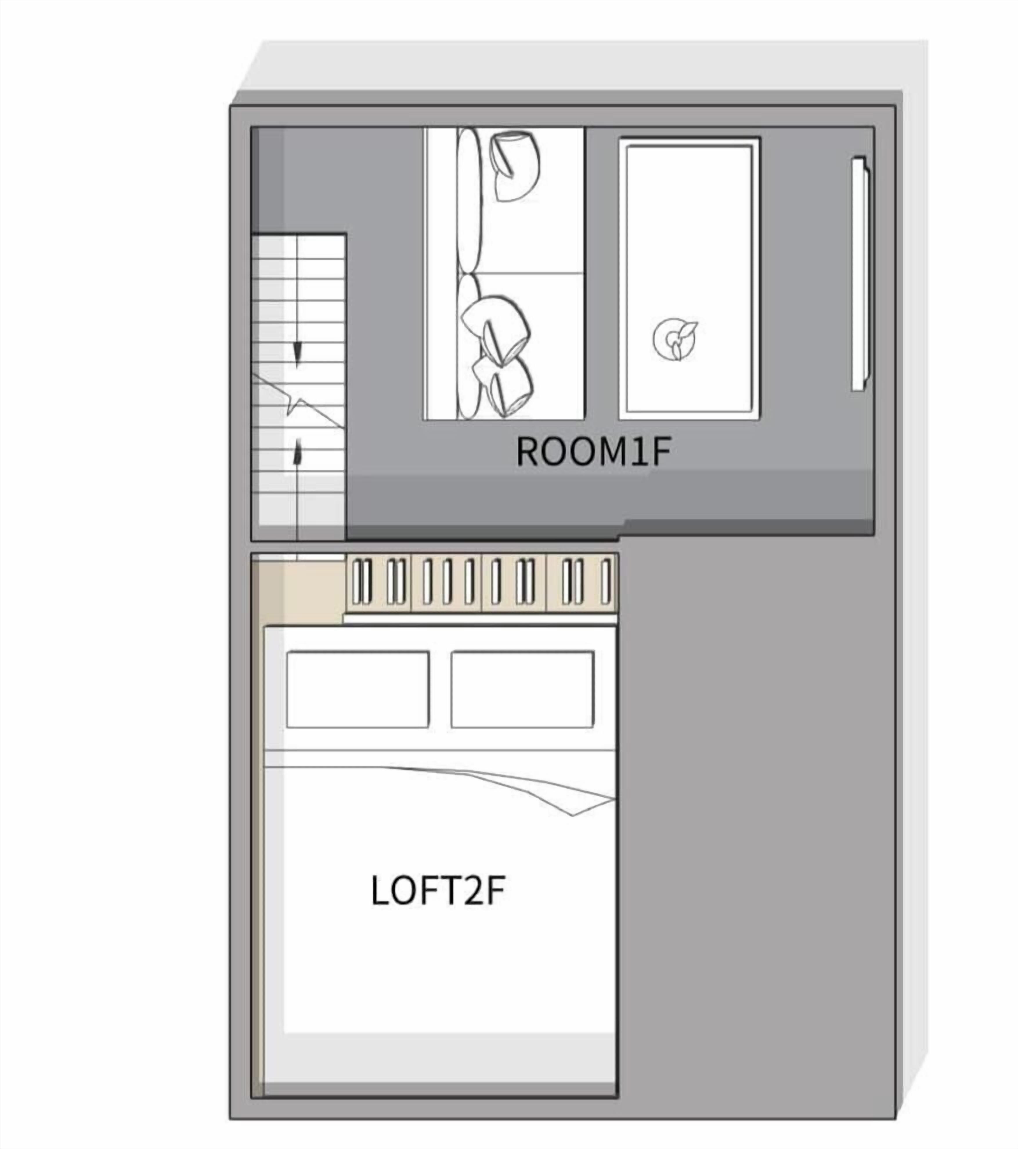 A room layout with a kitchenette, a bathroom, and a large window.