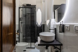 Shower, hair dryer, bidet, towels