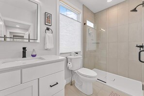 Shower, hair dryer, shampoo