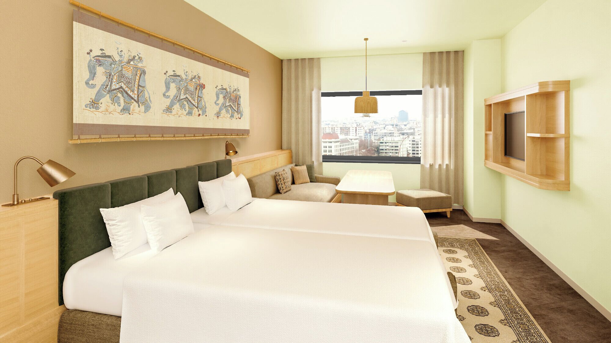 A hotel room with a large bed, a sofa, a small table, a TV, a painting, and a city view.