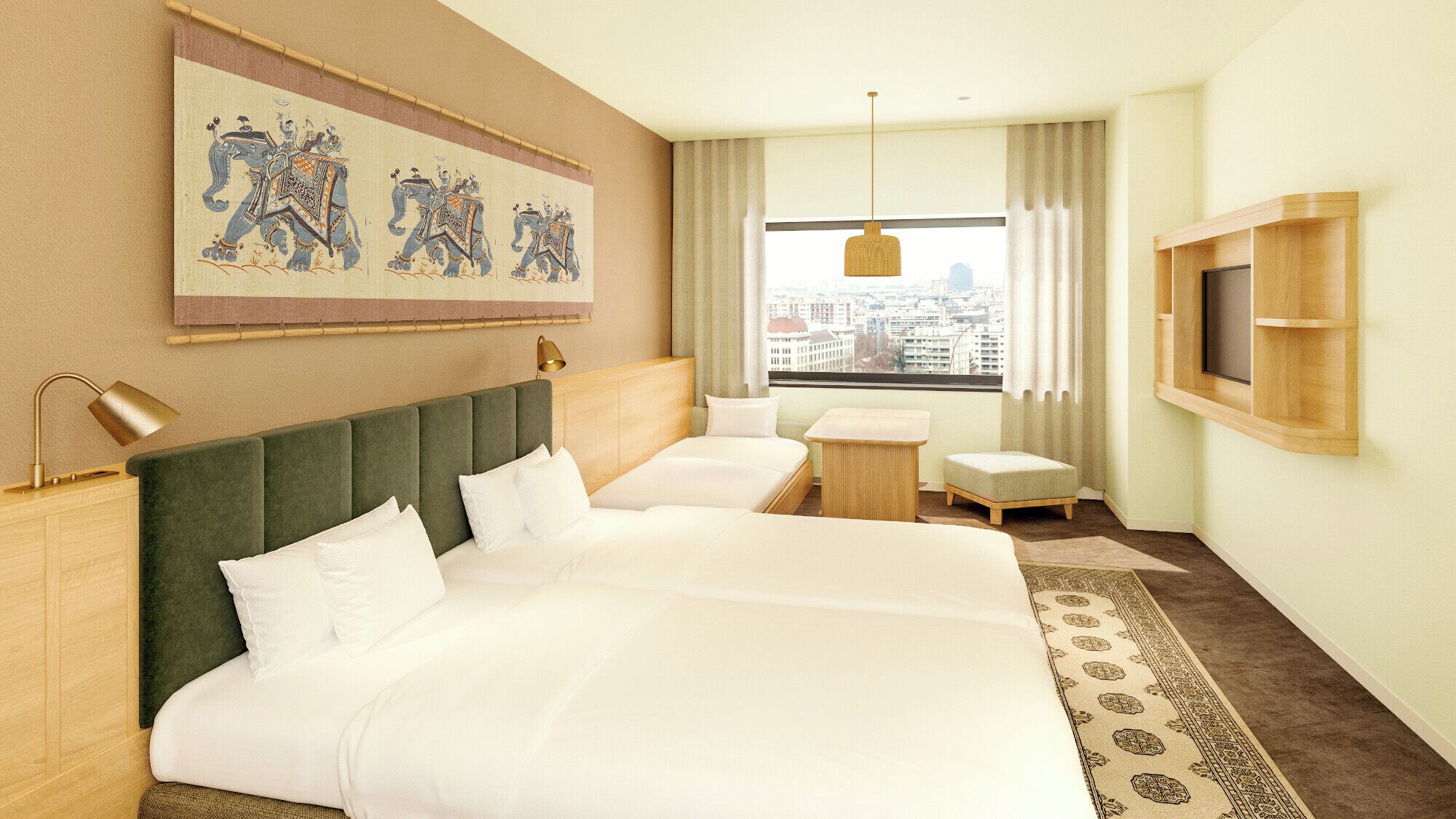 A hotel room with a large bed, a smaller bed, a desk, a TV, a window with a city view, and a decorative tapestry.