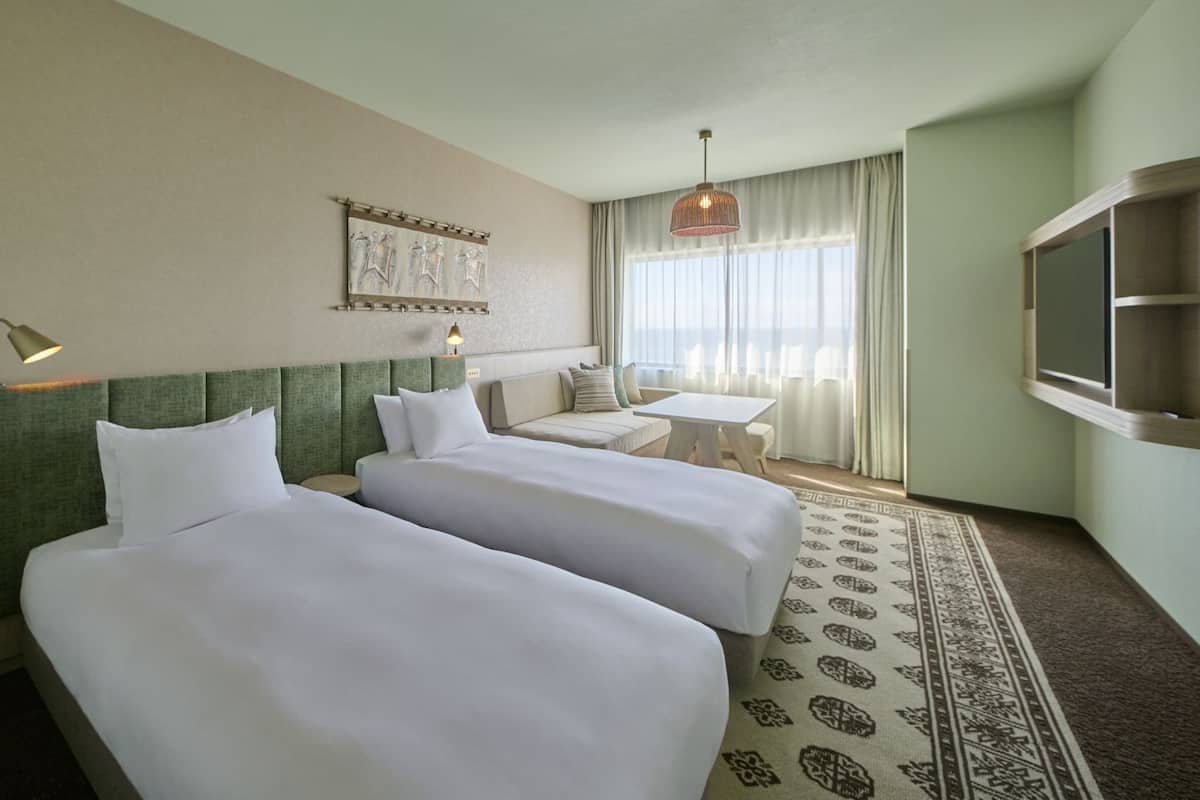 Quarto de hotel com duas camas, uma mesinha, uma televisão e um tapete estampado.