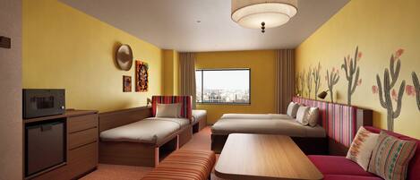 A hotel room with a bed, a sofa, a desk, a chair, and a window with a city view.