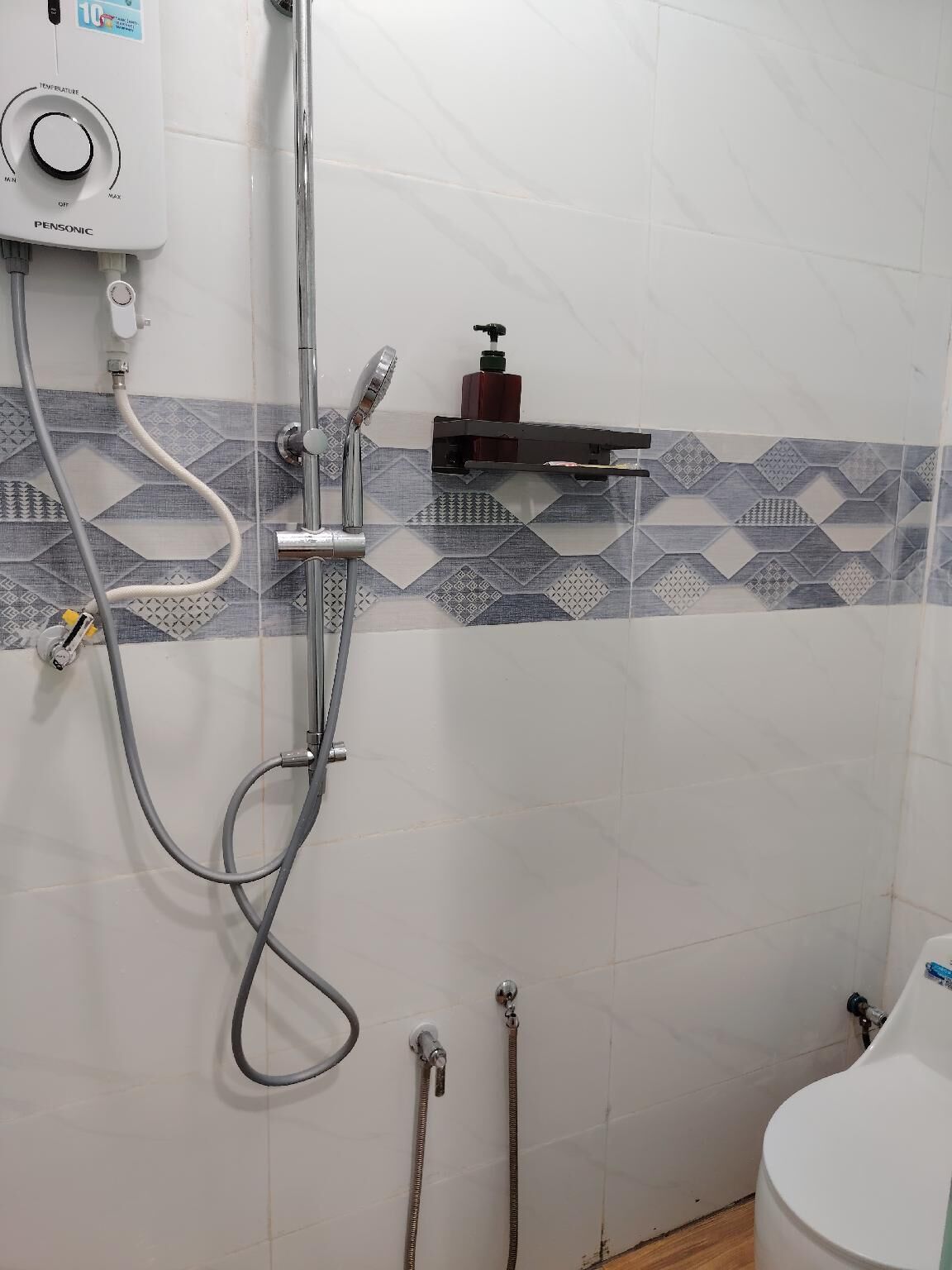 Ein Badezimmer mit Dusche, Toilette und Wandheizung.