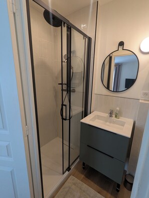 Shower, hair dryer, towels, soap