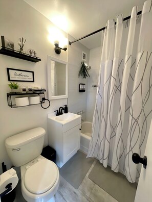 Hair dryer, towels, soap, shampoo