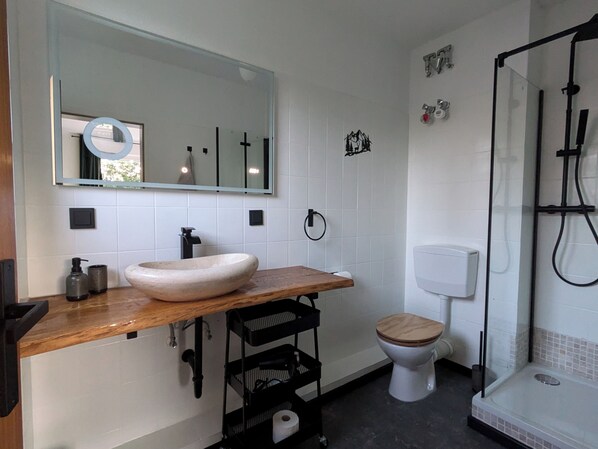 A modern bathroom with a wooden vanity, a white sink, a toilet, and a glass shower enclosure.