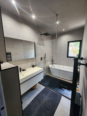 Shower, hair dryer, towels
