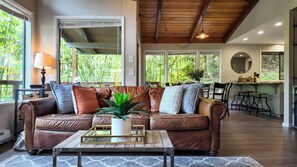 Smart TV, fireplace, books, computer monitors