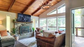 Smart TV, fireplace, books, computer monitors