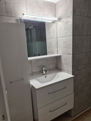 Chuveiro, secador de cabelo, sabonete, papel higiênico