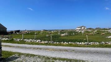 A rural landscape with a gravel road, a stone wall, and a house with a fenced yard.
