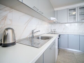 Fridge, oven, dishwasher, cookware/dishes/utensils