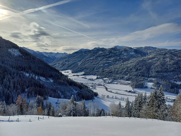 Paisatge de muntanya cobert de neu amb un cel serè.