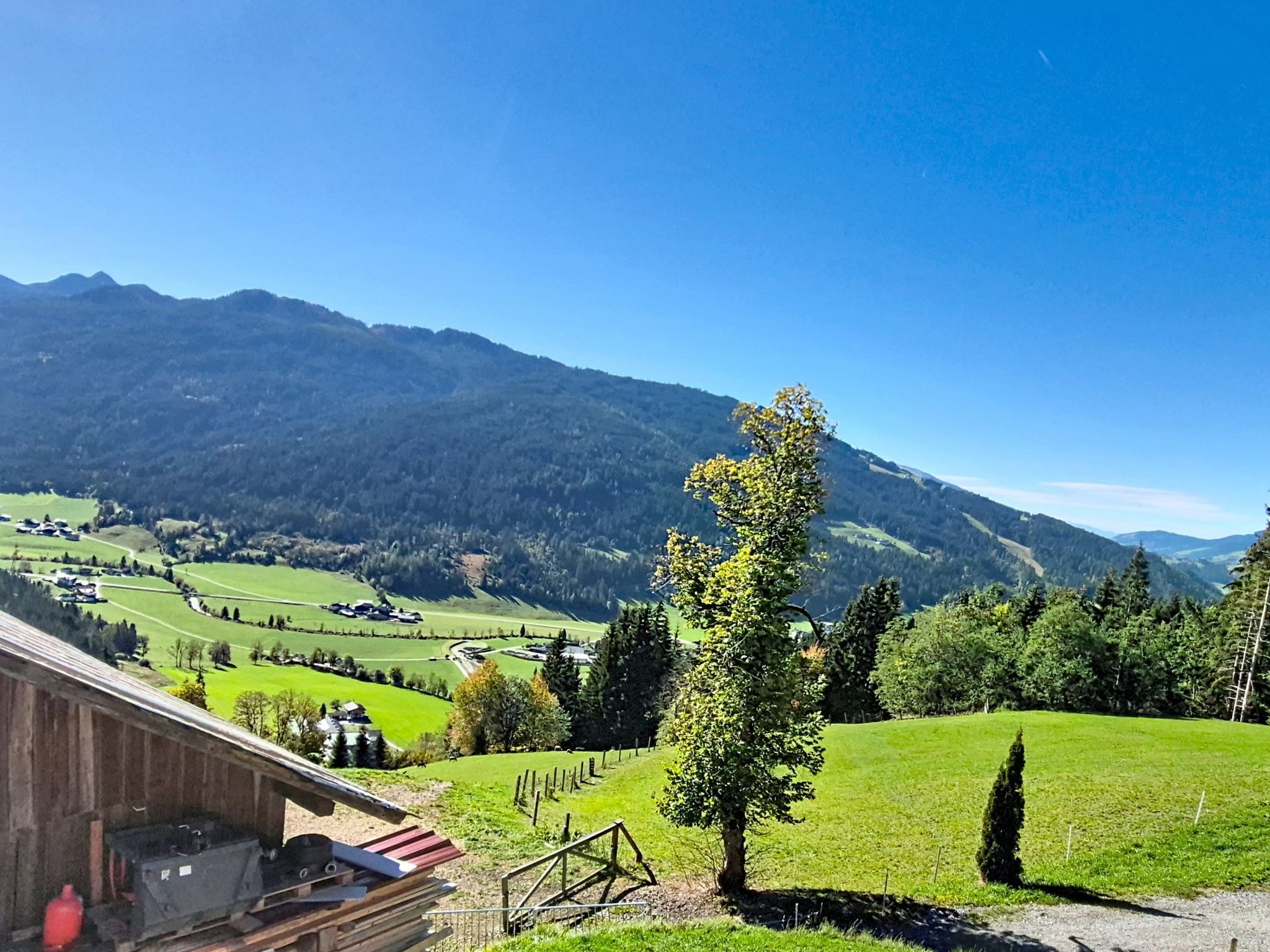 Un paisaje rural con una vista despejada de una cordillera, una estructura de madera y un árbol en primer plano.