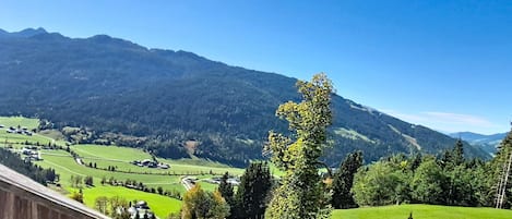 Un paisaje rural con una vista despejada de una cordillera, una estructura de madera y un árbol en primer plano.