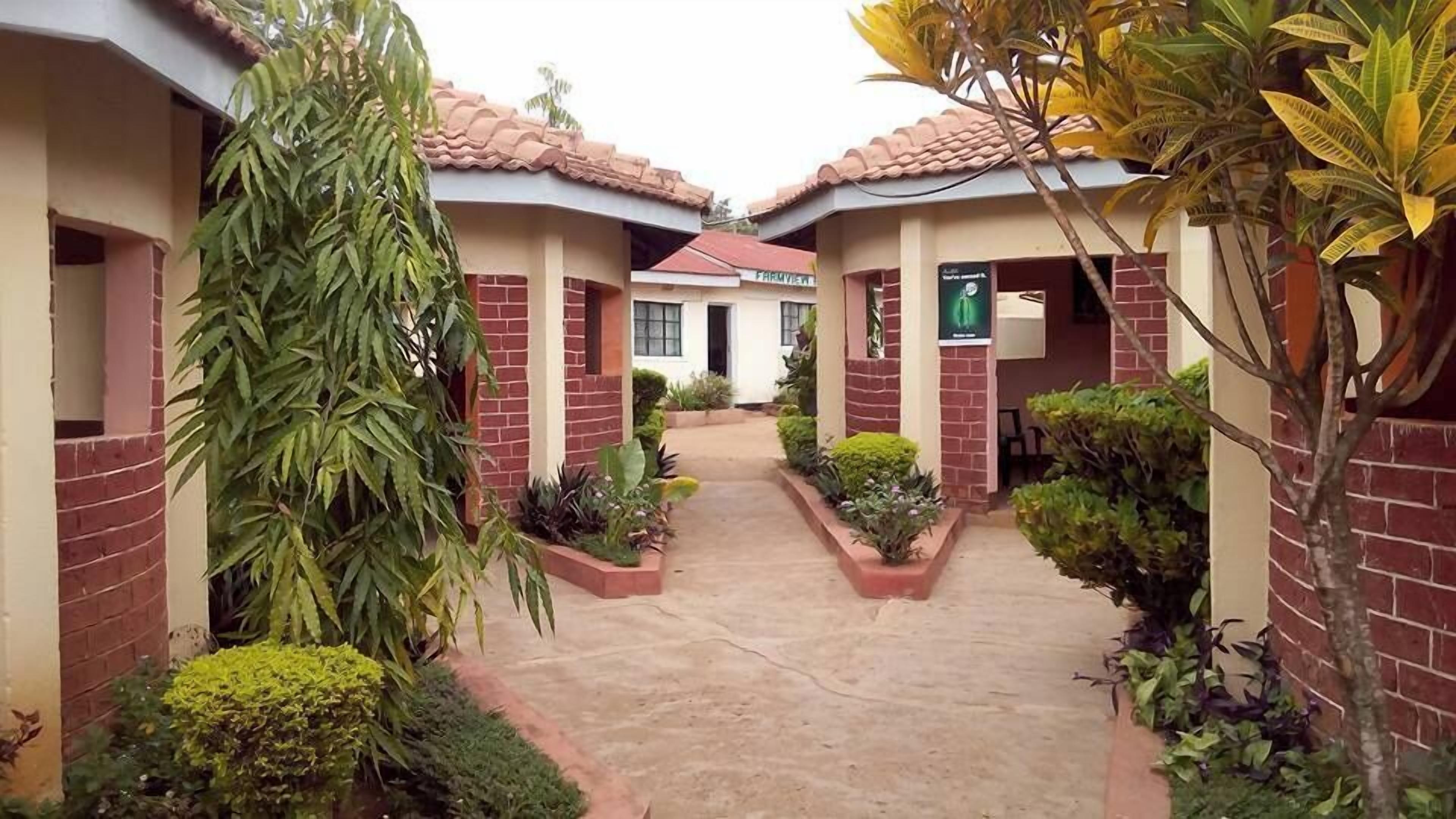 A courtyard with a central pathway flanked by brick buildings, surrounded by various plants and a tiled roof.