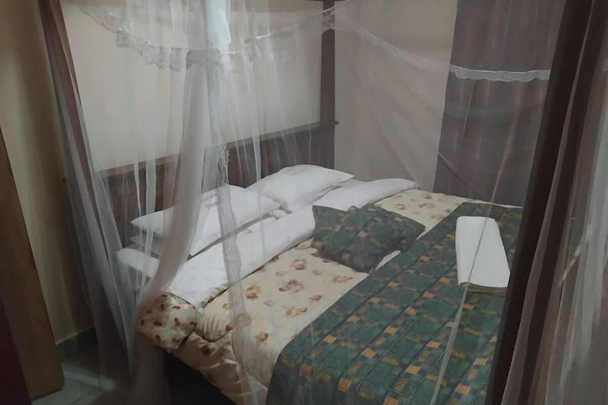 Quarto com uma cama sob dossel.