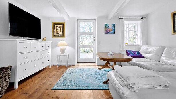 A room with a white sofa, a TV, a wooden table, a blue rug, and a white cabinet. - Cozy summer house on Sejerø (Sejerø)