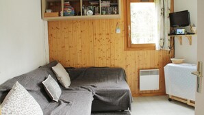 A cozy room with a grey sofa, a wooden shelf with books and a TV, and a window with curtains. - Holiday home in Chatel near ski area (Châtel)