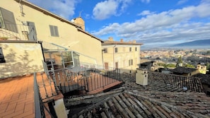 Una terraza con barandilla metálica, suelo de ladrillo y vistas a un paisaje urbano con edificios y una cadena montañosa distante.