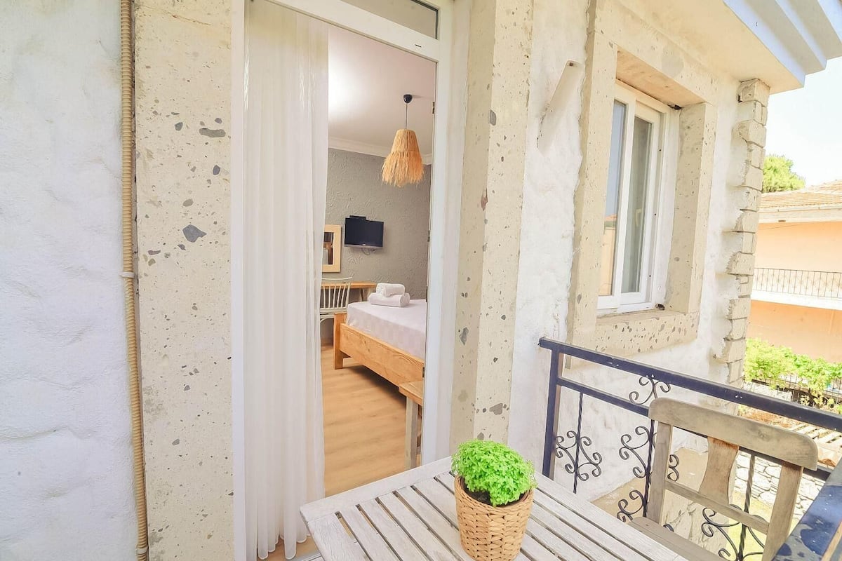 A room with a bed, a TV, a small table with a plant, and a balcony with a railing.