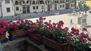 Un cortile con una statua, fiori in vaso e un edificio con finestre ad arco.