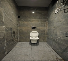 Et lille, moderne badeværelse med toilet, bruser og spejl.