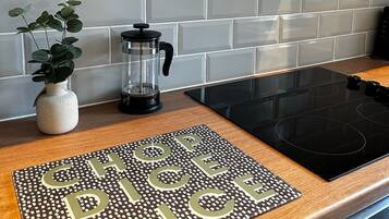 Fridge, oven, electric kettle, toaster