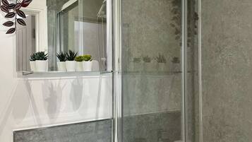 Shower, hair dryer, shampoo