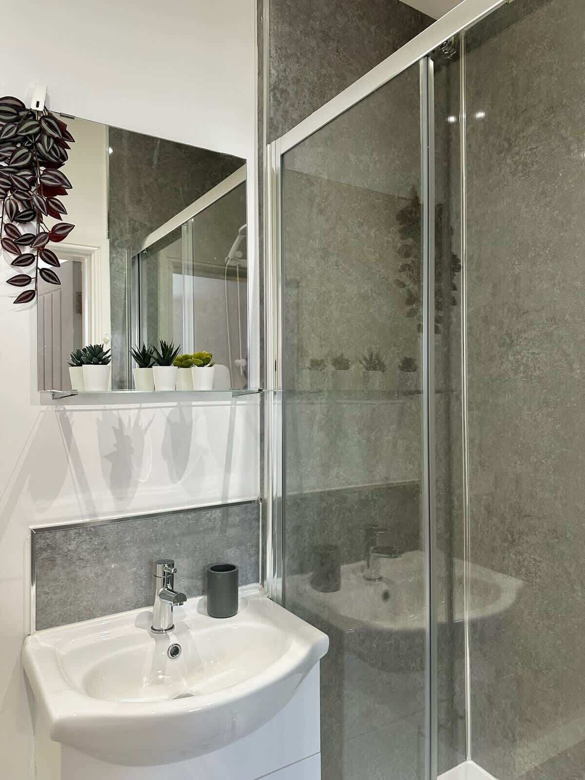Shower, hair dryer, shampoo