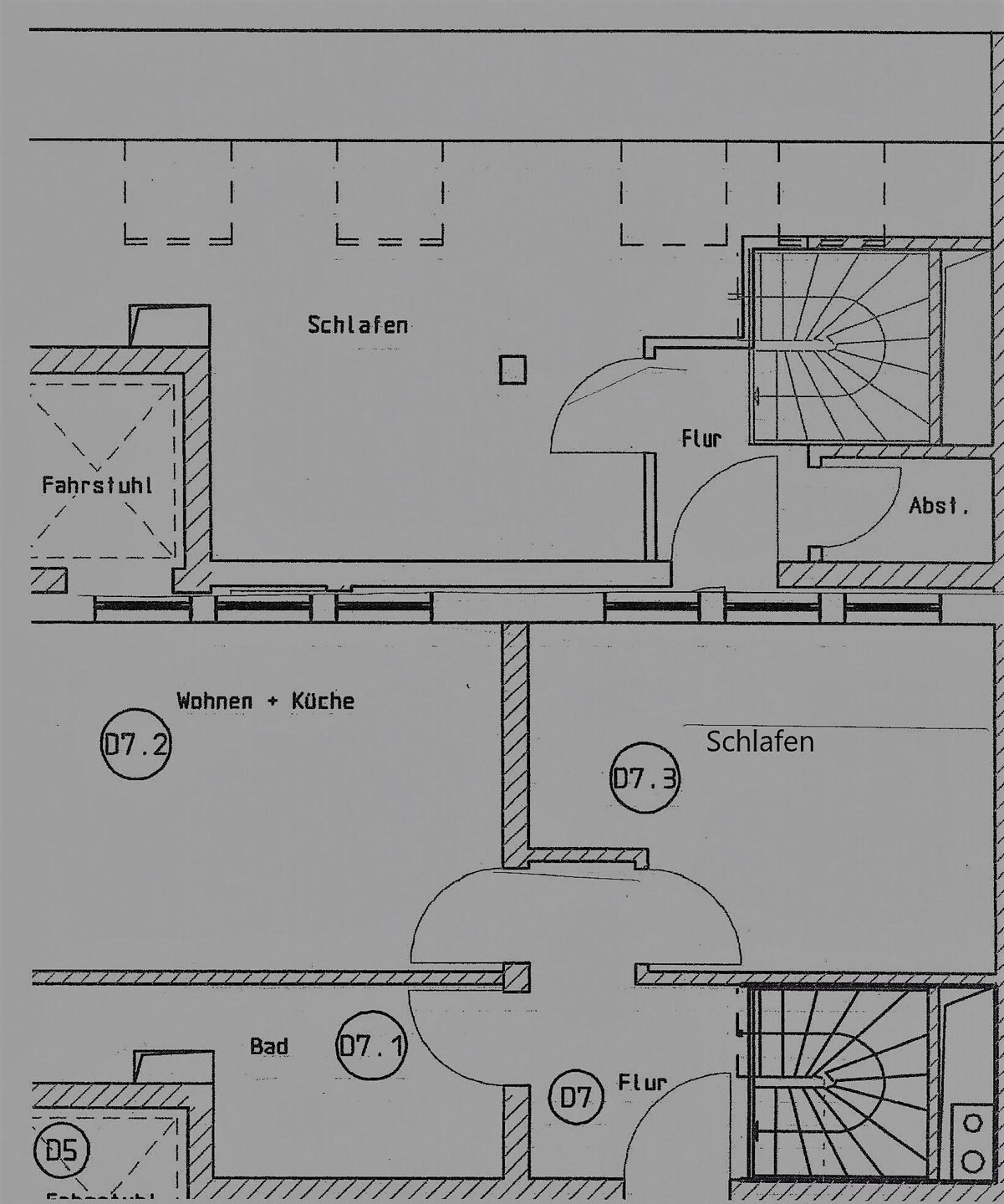 A floor plan with labeled rooms including 'Schlafen' (sleeping), 'Flur' (hallway), and 'Abst.' (bathroom).
