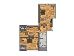 A floor plan of a two-story building with two balconies, a kitchen, dining area, and a bathroom. - Vogt Bernhard I WF-45 - Cozy vacation apartment west wing Vogt Bernhard I with (Stolpe auf Usedom)