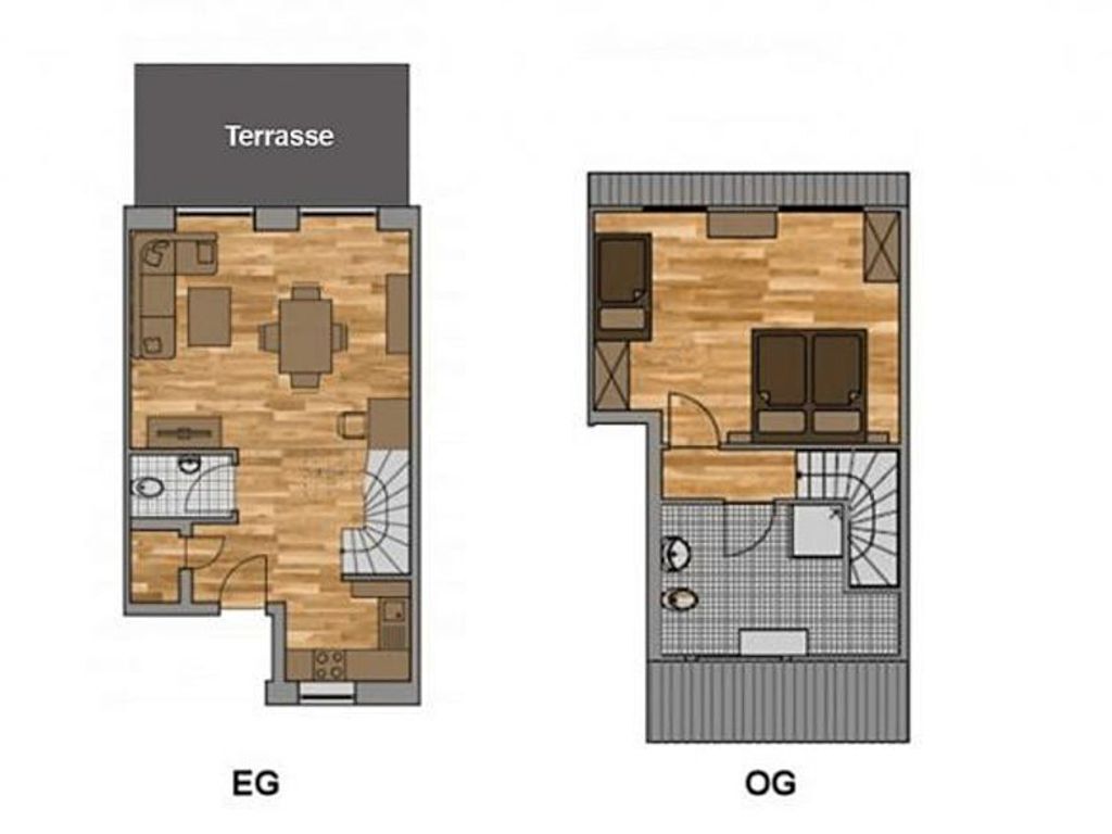 Twee plattegronden van een hotelkamer met terras, keuken, eethoek en badkamer.