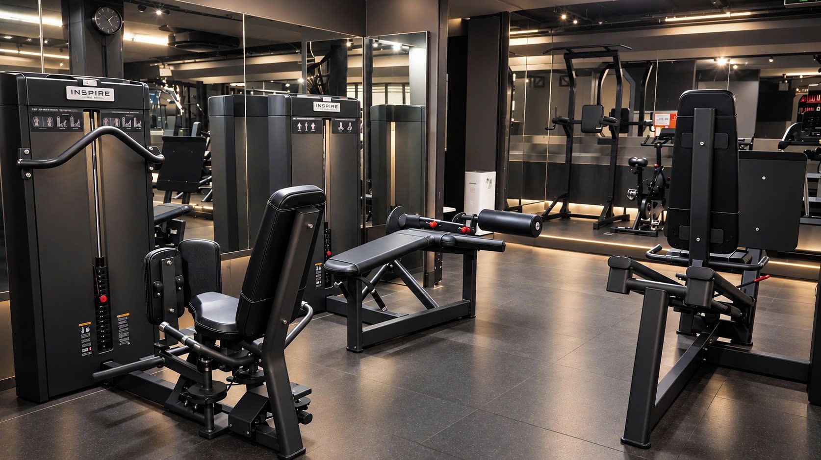 A gym with various exercise equipment, including weight machines and benches.