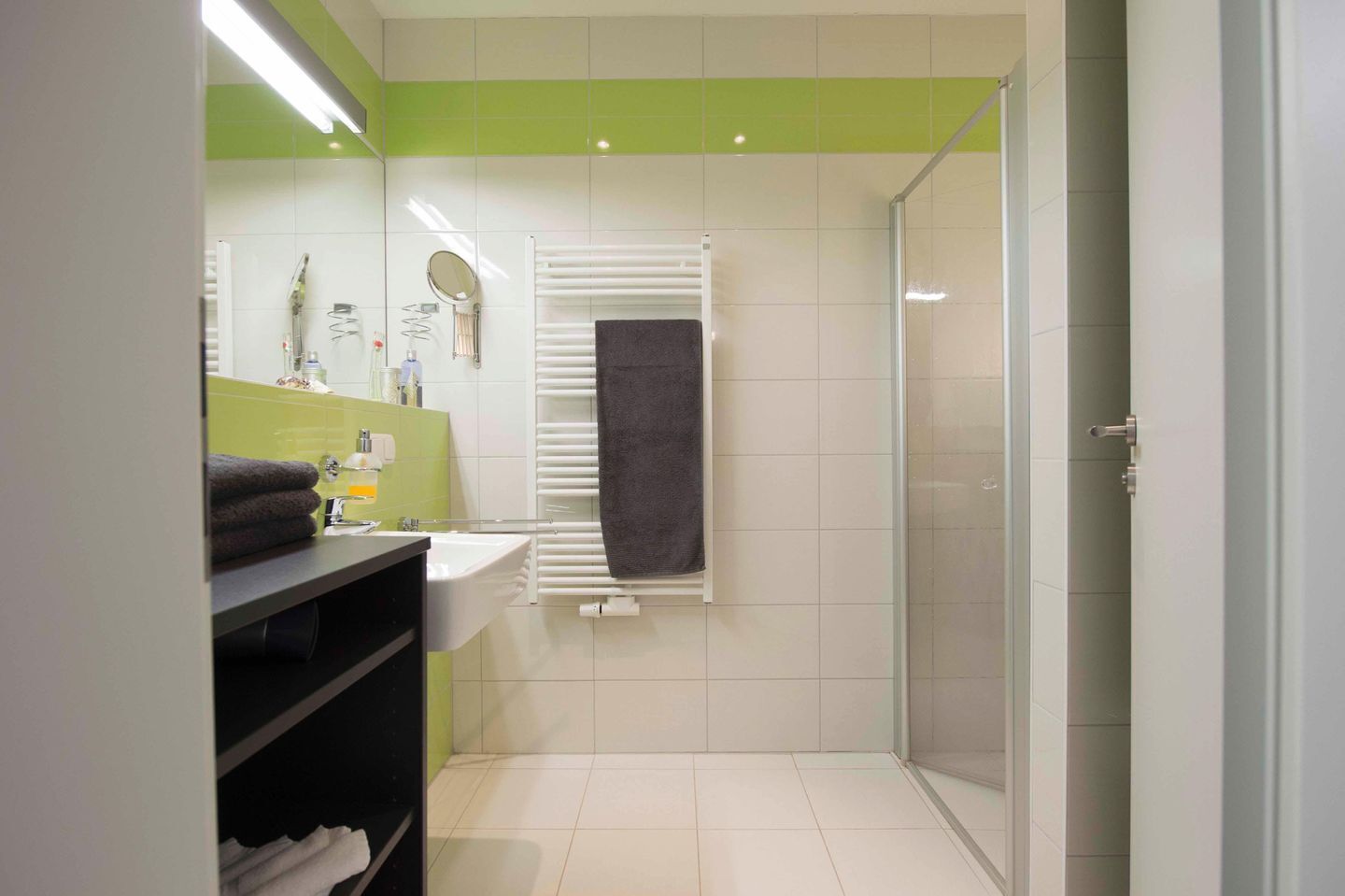 A modern bathroom with a shower, sink, and mirror.