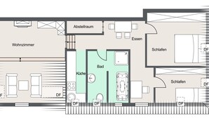 A hotel layout with a living room, kitchen, bathroom, and two bedrooms. - Eckhorst Farm, Landtraum (Güby)