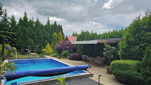 A backyard with a swimming pool, a covered patio area, and a variety of trees and shrubs.