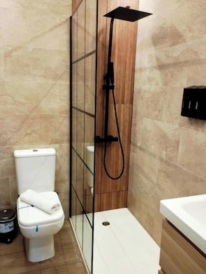 Douche, sèche-cheveux, serviettes fournies, savon