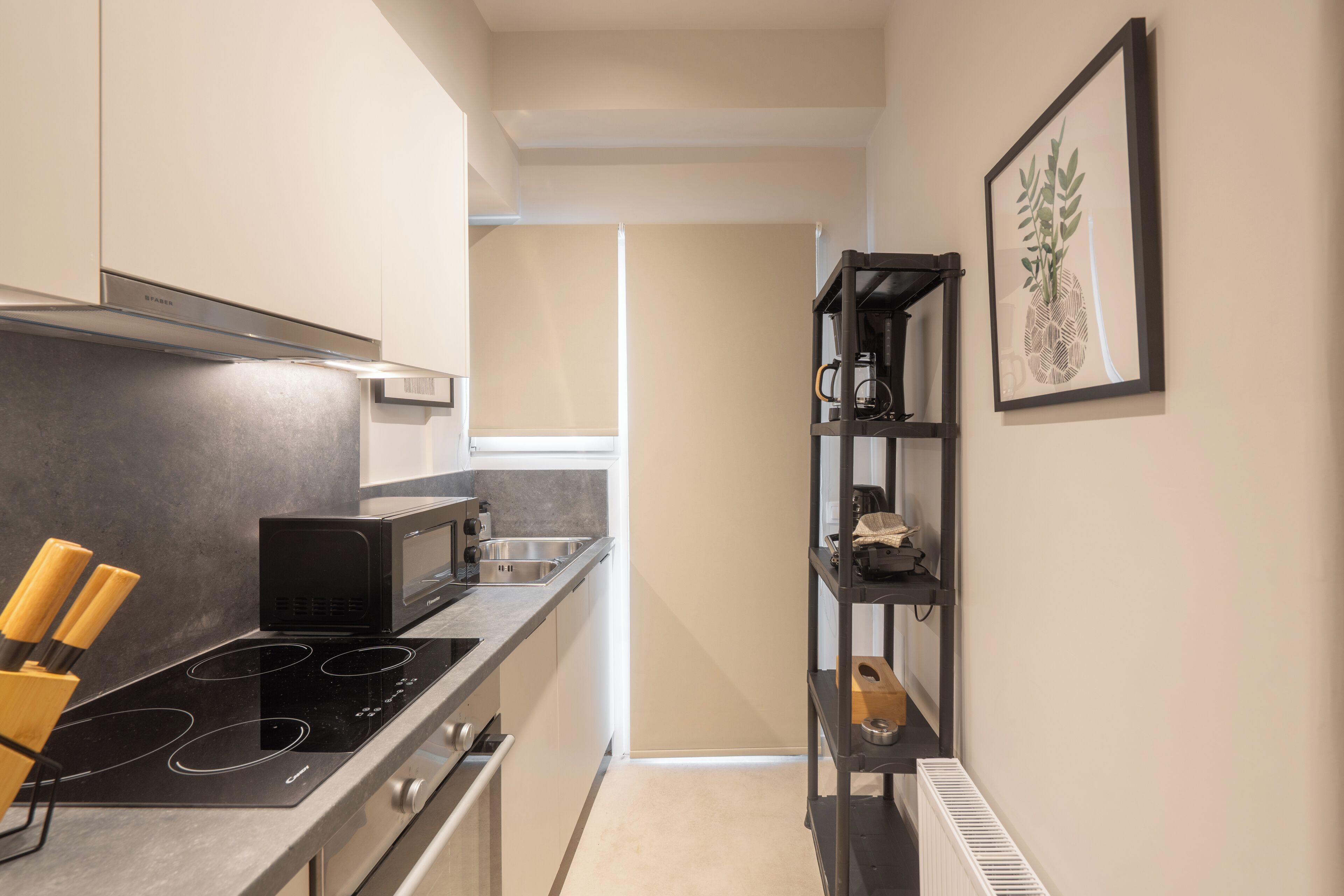 A compact kitchen with a black induction cooktop, a microwave, and a stainless steel sink. There is a wooden knife block on the counter, and a framed plant on the wall.